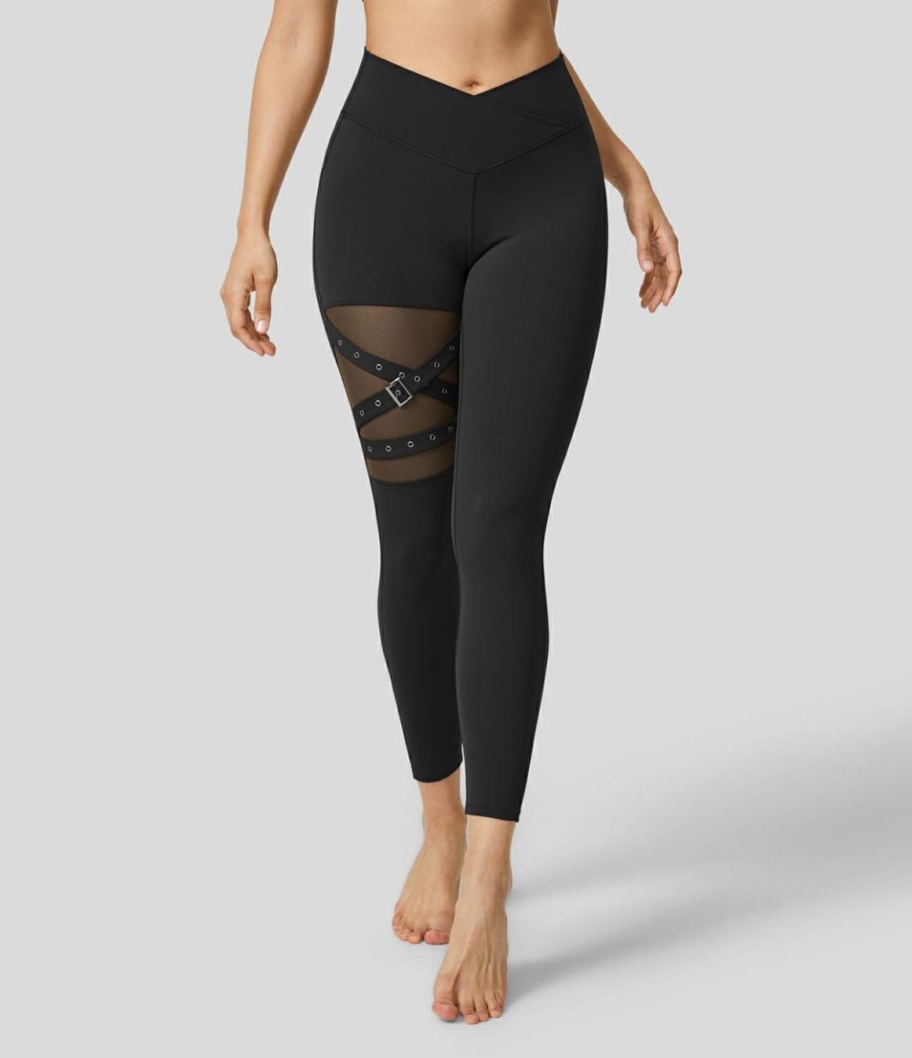 High Waisted Crossover Contrast Mesh Decorative Buckle Yoga Leggings  | Womens  Crossover Leggings Clothing Crossover Leggings