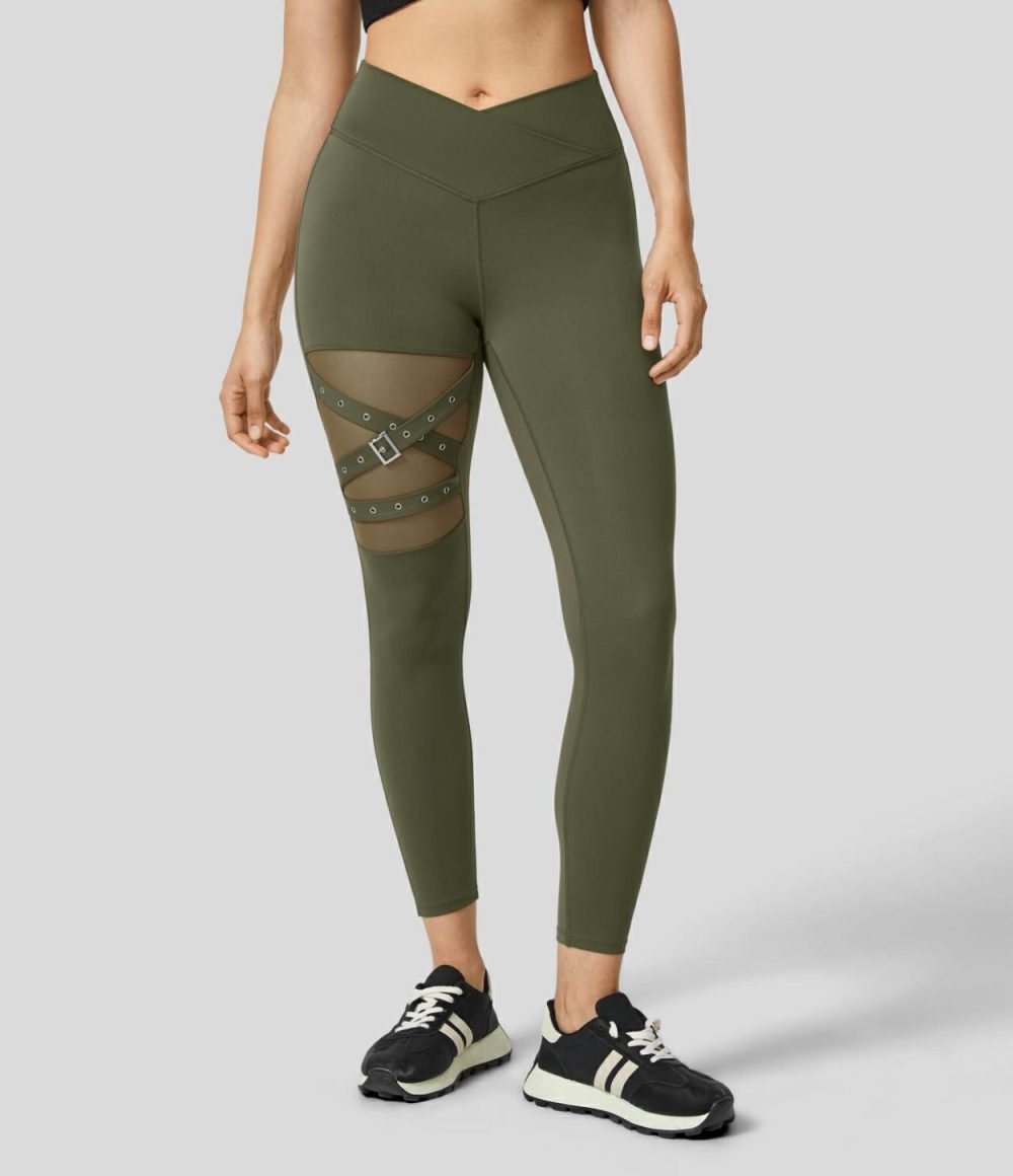 High Waisted Crossover Contrast Mesh Decorative Buckle Yoga Leggings  | Womens  Crossover Leggings Clothing Crossover Leggings