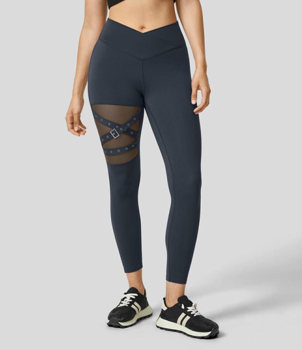 High Waisted Crossover Contrast Mesh Decorative Buckle Yoga Leggings  | Womens  Crossover Leggings Clothing Crossover Leggings