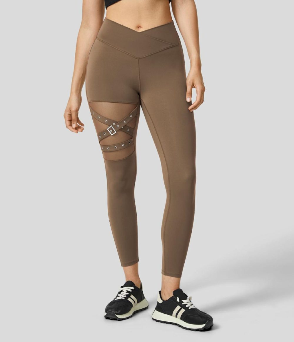 High Waisted Crossover Contrast Mesh Decorative Buckle Yoga Leggings  | Womens  Crossover Leggings Clothing Crossover Leggings