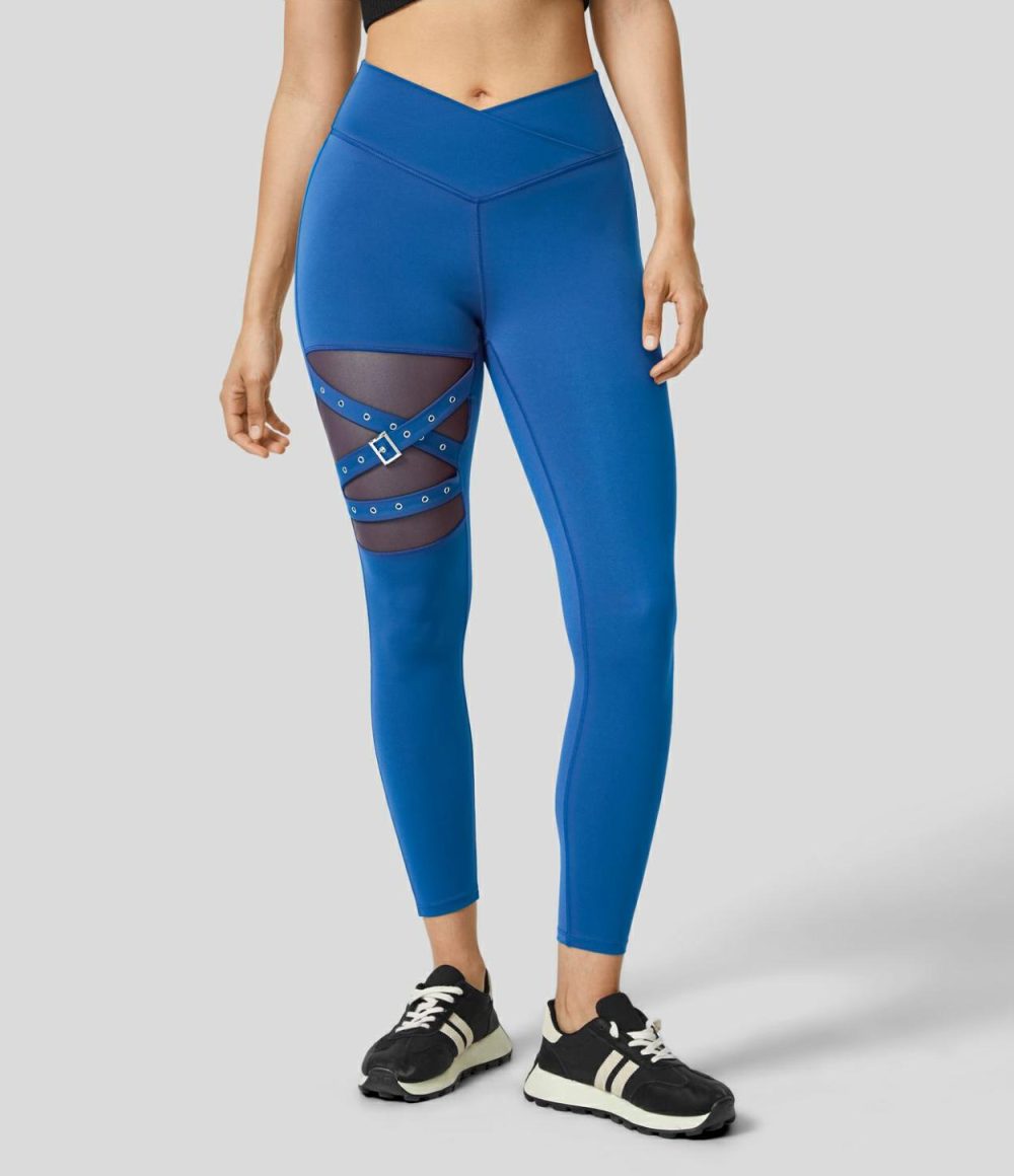 High Waisted Crossover Contrast Mesh Decorative Buckle Yoga Leggings  | Womens  Crossover Leggings Clothing Crossover Leggings