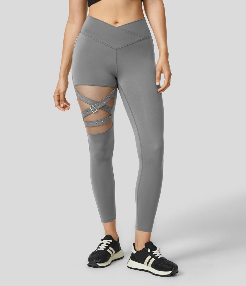 High Waisted Crossover Contrast Mesh Decorative Buckle Yoga Leggings  | Womens  Crossover Leggings Clothing Crossover Leggings