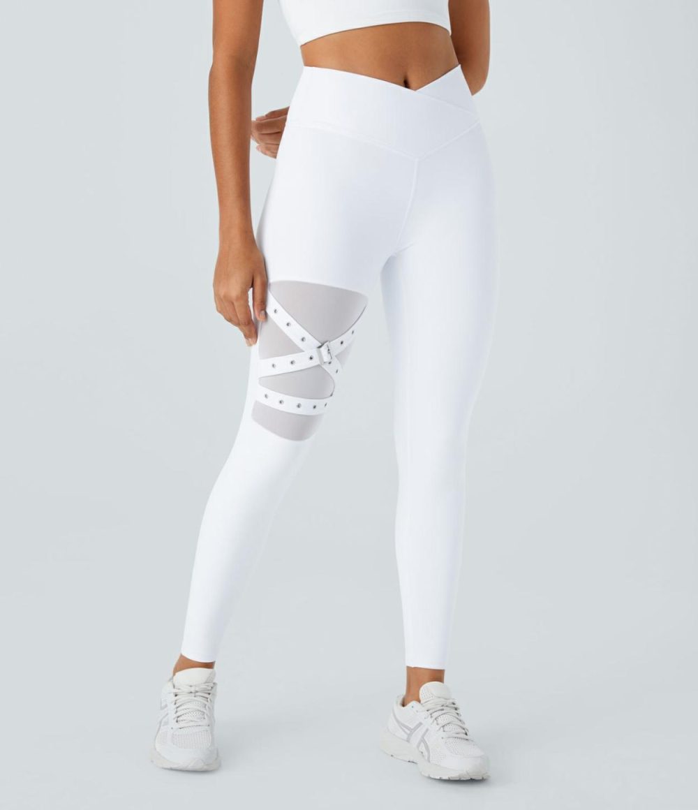 High Waisted Crossover Contrast Mesh Decorative Buckle Yoga Leggings  | Womens  Crossover Leggings Clothing Crossover Leggings