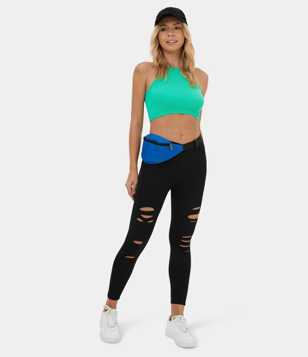 High Waisted Crossover Side Pocket Ripped Cut Out Casual 7/8 Leggings  | Womens  Crossover Leggings Clothing Black/Midnight Blue