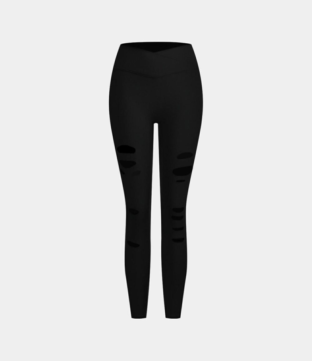 High Waisted Crossover Side Pocket Ripped Cut Out Casual 7/8 Leggings  | Womens  Crossover Leggings Clothing Black/Midnight Blue