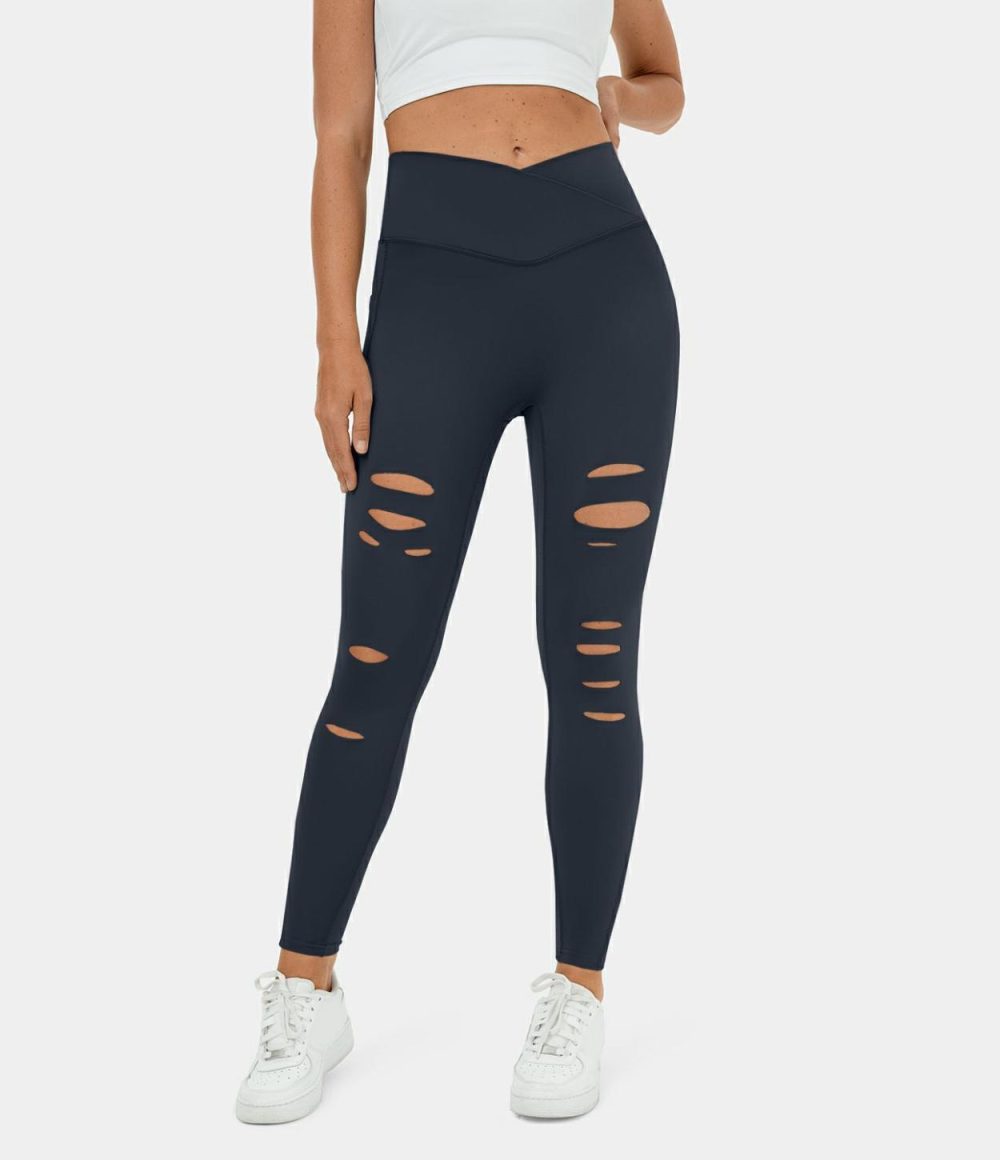 High Waisted Crossover Side Pocket Ripped Cut Out Casual 7/8 Leggings  | Womens  Crossover Leggings Clothing Black/Midnight Blue