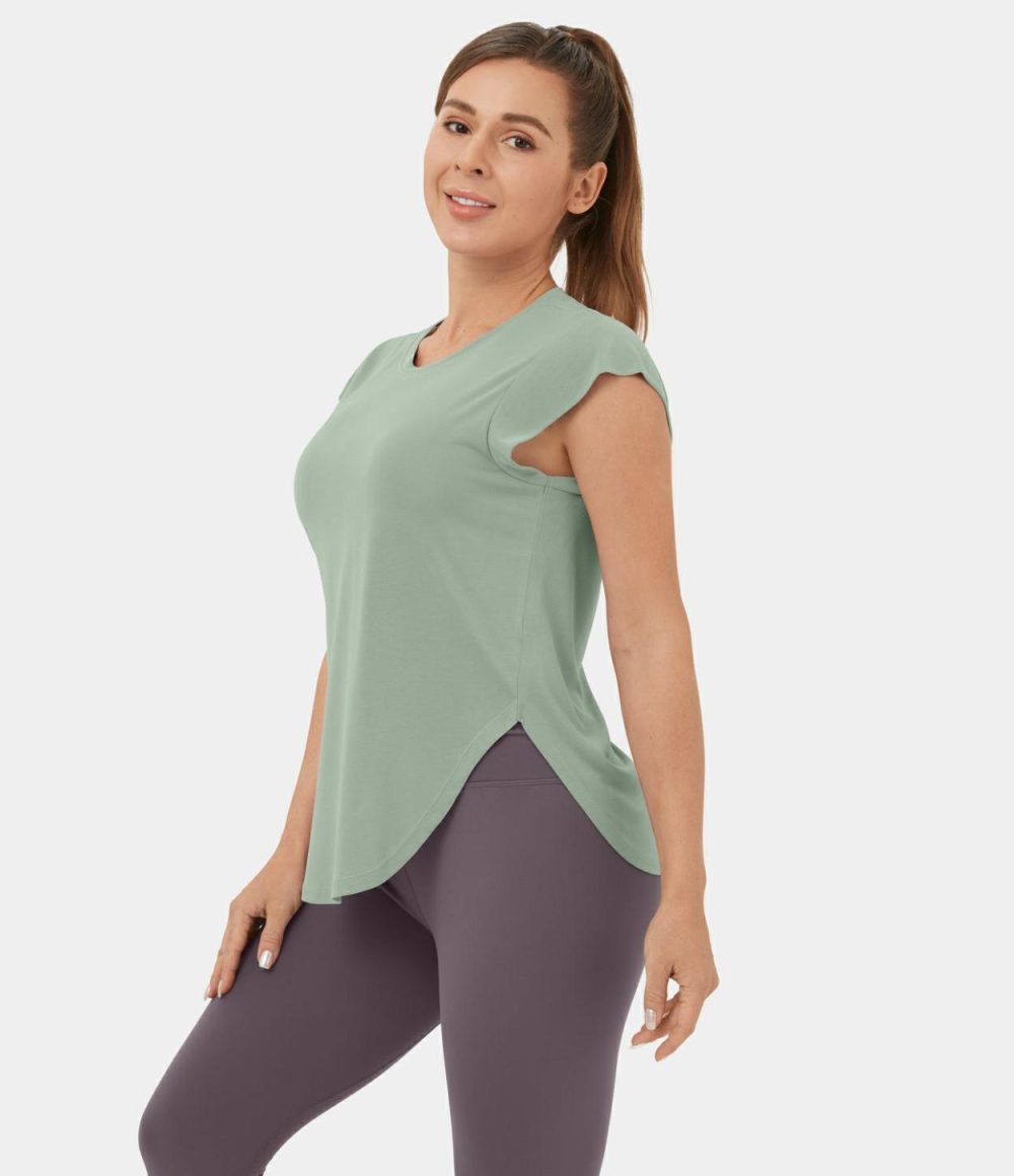 Round Neck Curved Hem Yoga Sports Top  | Womens  Sports Tops Clothing Frosty Green/Oxblood Red/Black/Flint Stone/Persian Violet