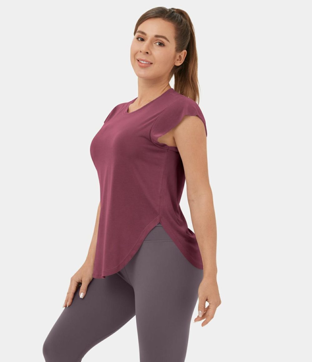 Round Neck Curved Hem Yoga Sports Top  | Womens  Sports Tops Clothing Frosty Green/Oxblood Red/Black/Flint Stone/Persian Violet