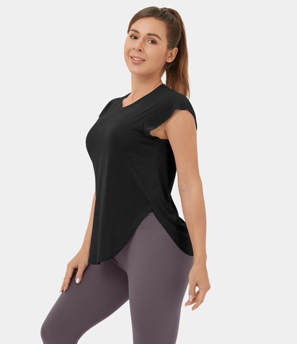 Round Neck Curved Hem Yoga Sports Top  | Womens  Sports Tops Clothing Frosty Green/Oxblood Red/Black/Flint Stone/Persian Violet