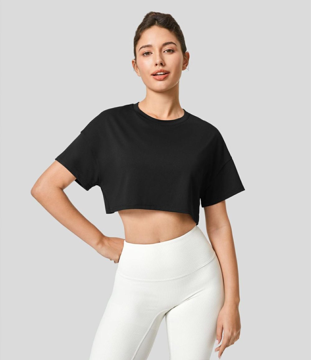 Short Sleeve Cropped Loose Dance Sports Top  | Womens  Sports Tops Clothing Black/White/Innuendo/Rain Forest/Dark Sapphire