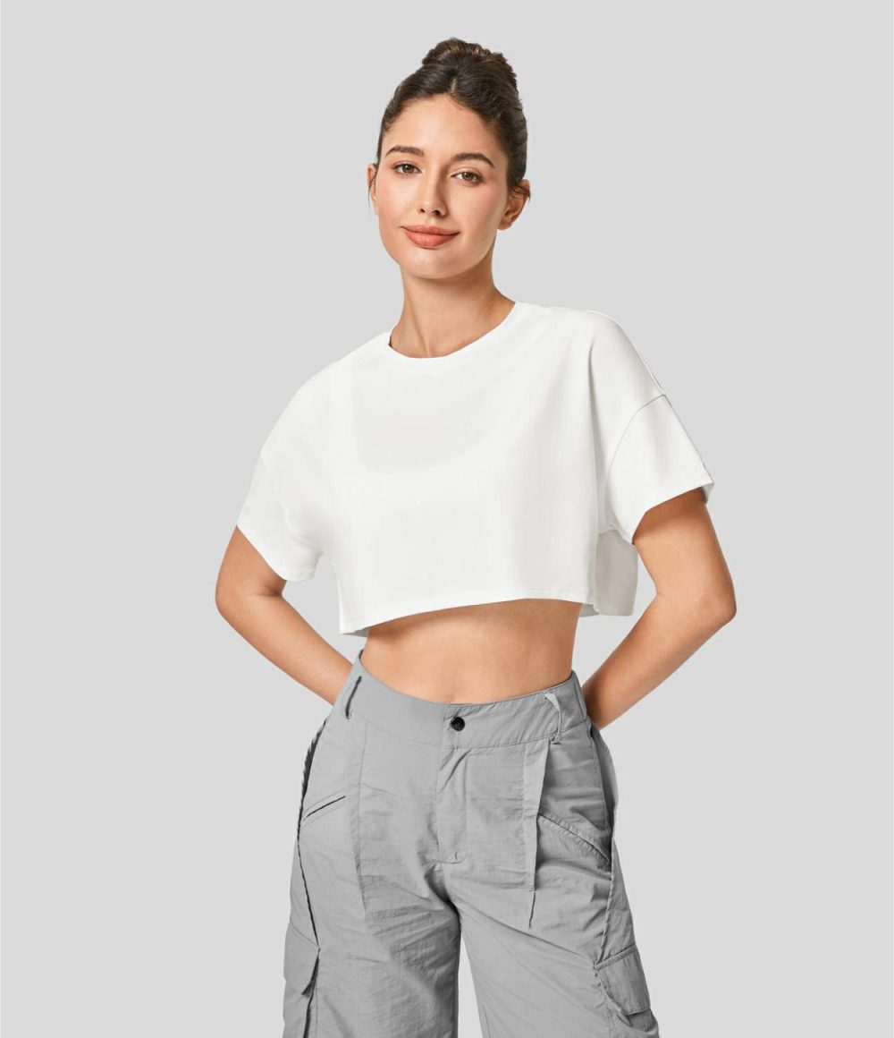 Short Sleeve Cropped Loose Dance Sports Top  | Womens  Sports Tops Clothing Black/White/Innuendo/Rain Forest/Dark Sapphire