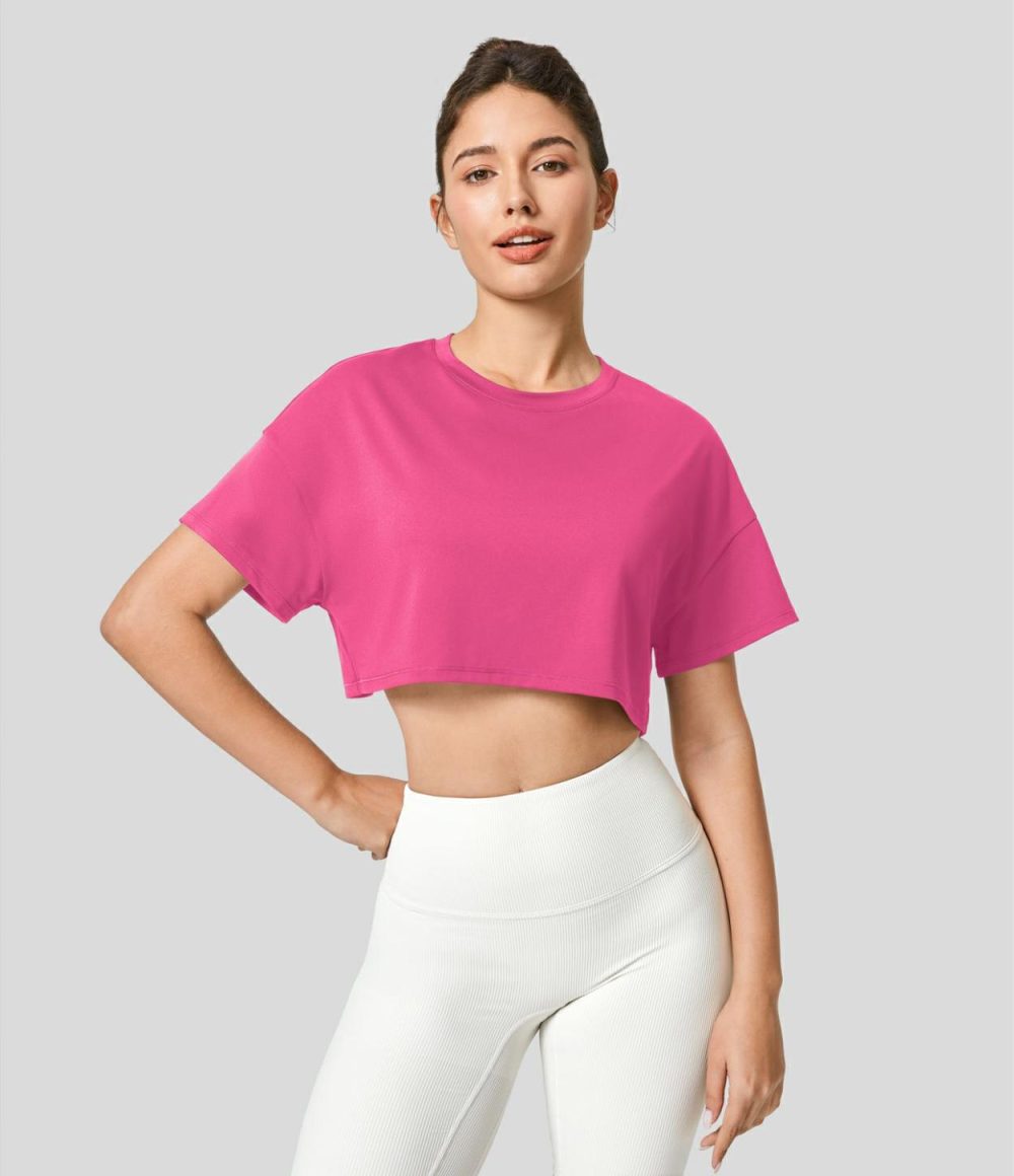 Short Sleeve Cropped Loose Dance Sports Top  | Womens  Sports Tops Clothing Black/White/Innuendo/Rain Forest/Dark Sapphire