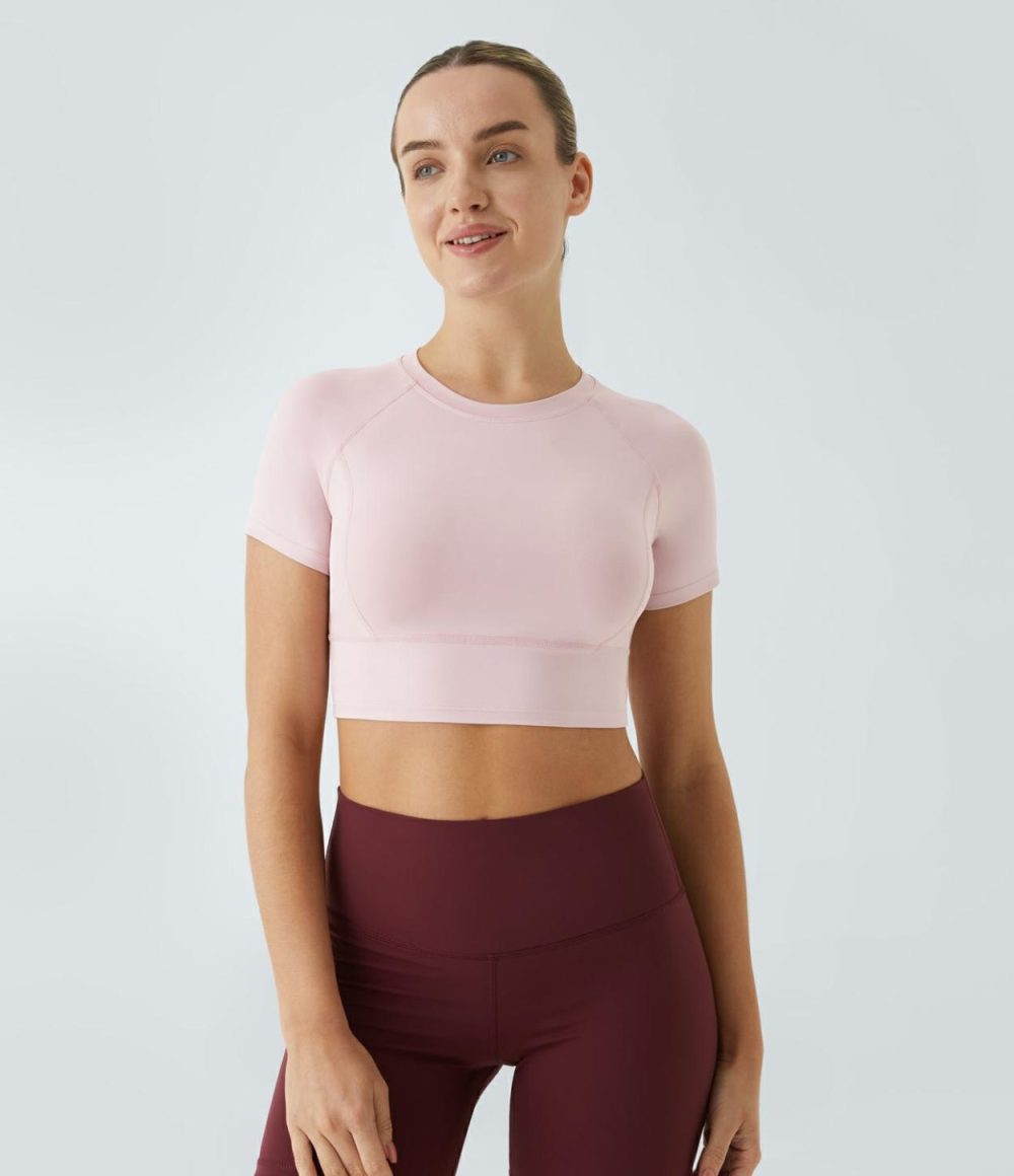 Short Sleeve Cropped Yoga Sports Top  | Womens  Sports Tops Clothing Pale Lilac/Black