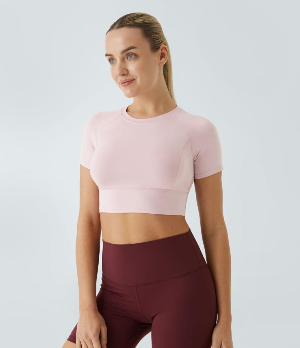 Short Sleeve Cropped Yoga Sports Top  | Womens  Sports Tops Clothing Pale Lilac/Black