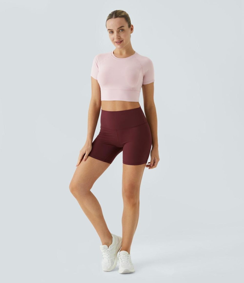 Short Sleeve Cropped Yoga Sports Top  | Womens  Sports Tops Clothing Pale Lilac/Black