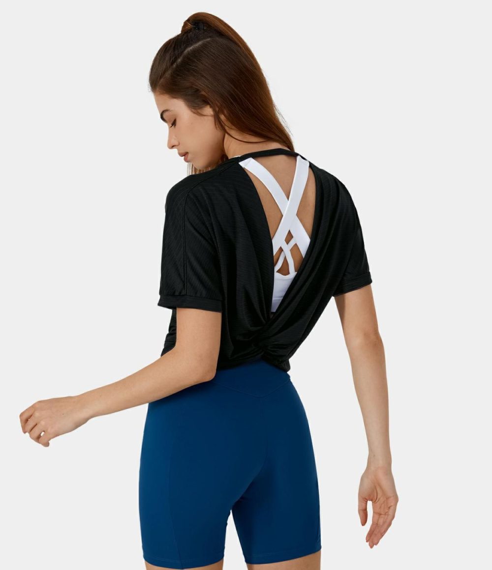 Short Sleeve Twisted Cut Out Yoga Sports Top  | Womens  Sports Tops Clothing Sports Tops