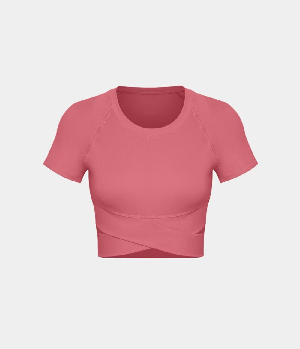 Softlyzero™ Plush Crossover Hem Cut Out Cropped Sports Top  | Womens  Sports Tops Clothing Begonia Rouge/Warm Mid Blue/Black/White