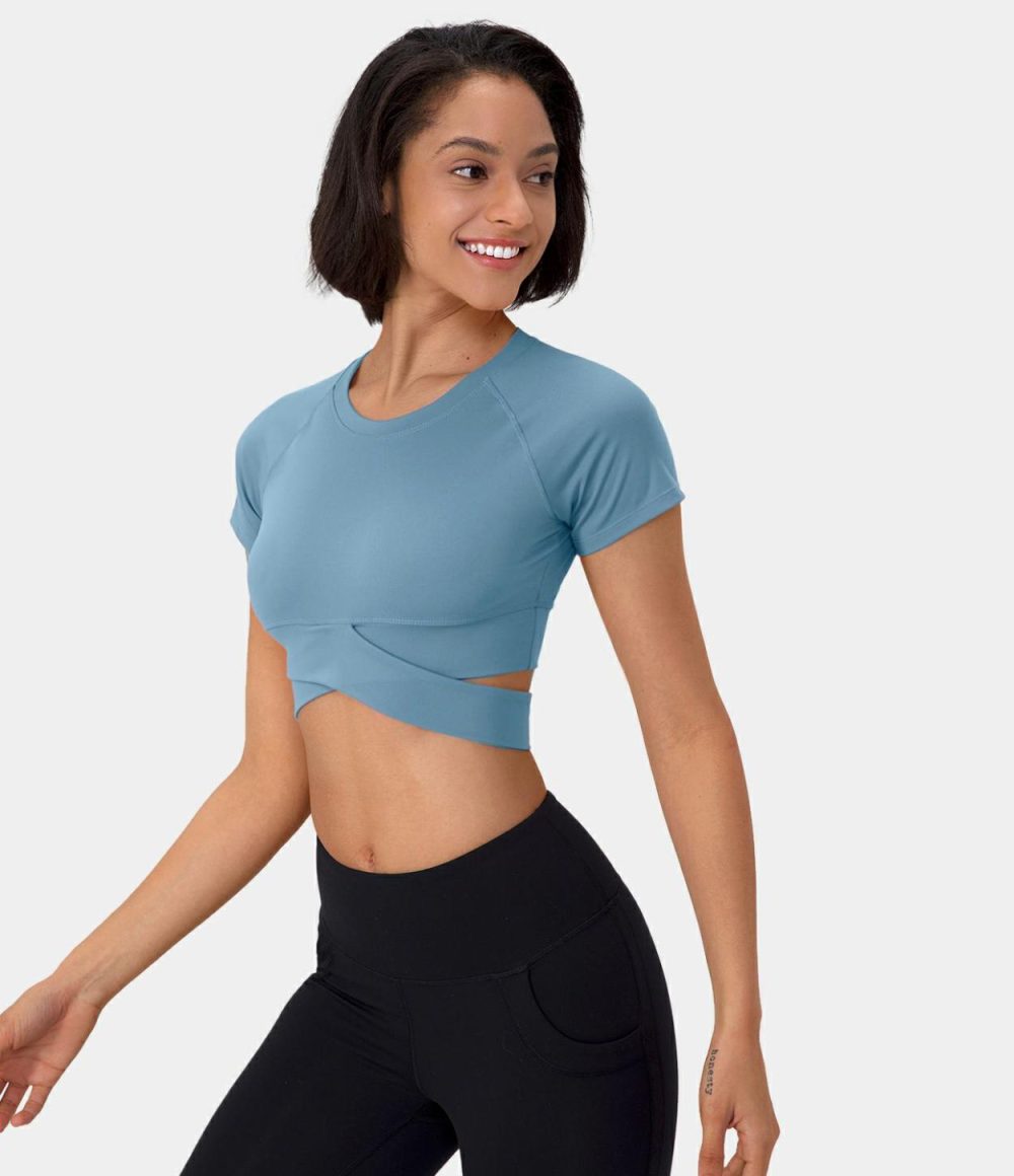 Softlyzero™ Plush Crossover Hem Cut Out Cropped Sports Top  | Womens  Sports Tops Clothing Begonia Rouge/Warm Mid Blue/Black/White