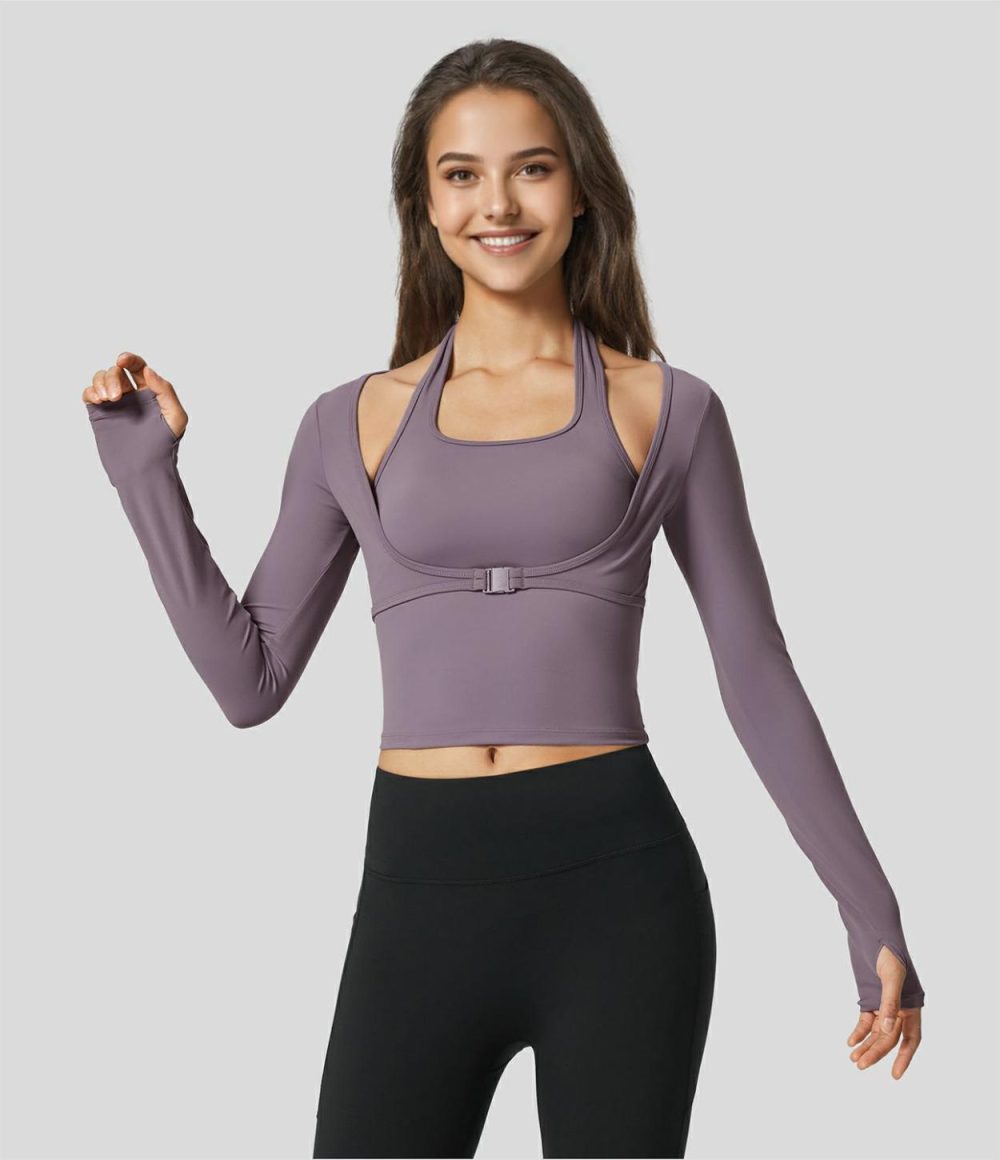 Softlyzero™ Plush Halter Thumb Hole Long Sleeve 2-in-1 Yoga Sports Top  | Womens  Sports Tops Clothing Sports Tops