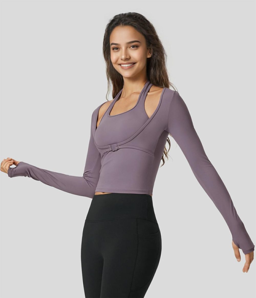 Softlyzero™ Plush Halter Thumb Hole Long Sleeve 2-in-1 Yoga Sports Top  | Womens  Sports Tops Clothing Sports Tops