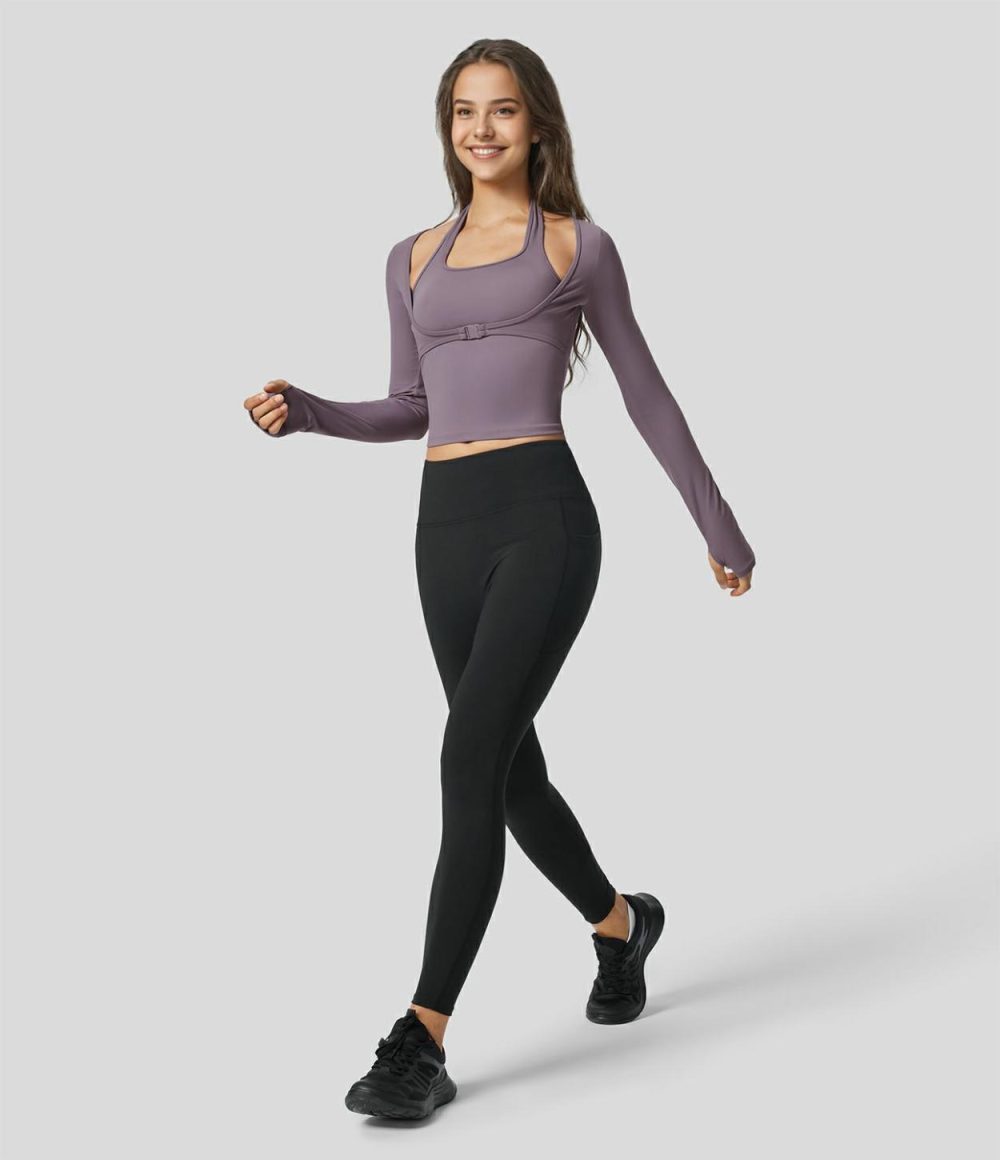 Softlyzero™ Plush Halter Thumb Hole Long Sleeve 2-in-1 Yoga Sports Top  | Womens  Sports Tops Clothing Sports Tops