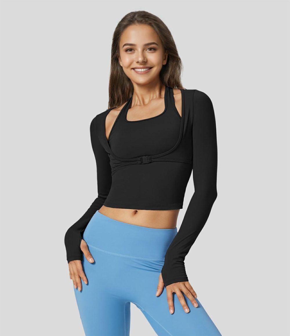 Softlyzero™ Plush Halter Thumb Hole Long Sleeve 2-in-1 Yoga Sports Top  | Womens  Sports Tops Clothing Sports Tops