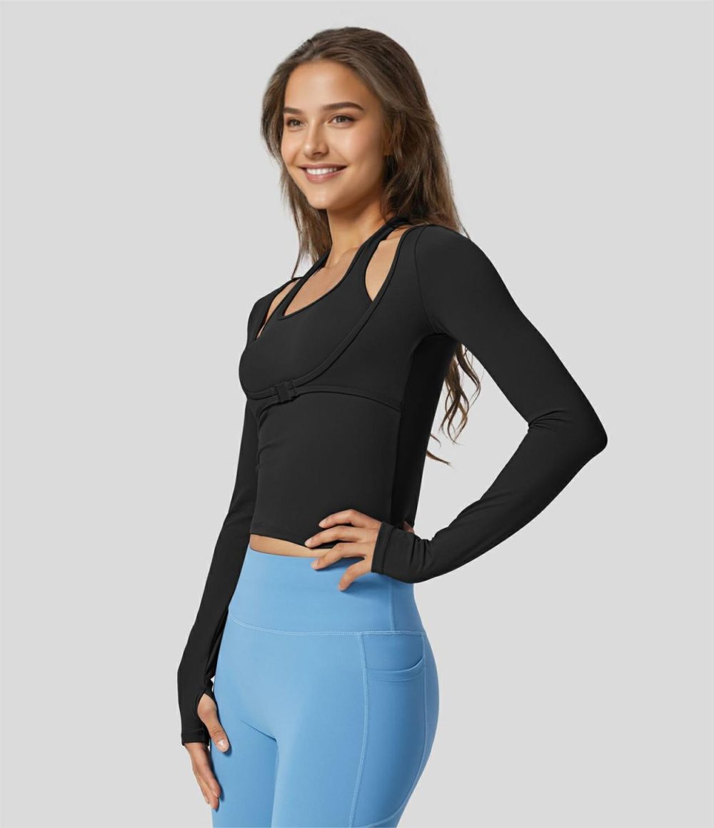 Softlyzero™ Plush Halter Thumb Hole Long Sleeve 2-in-1 Yoga Sports Top  | Womens  Sports Tops Clothing Sports Tops