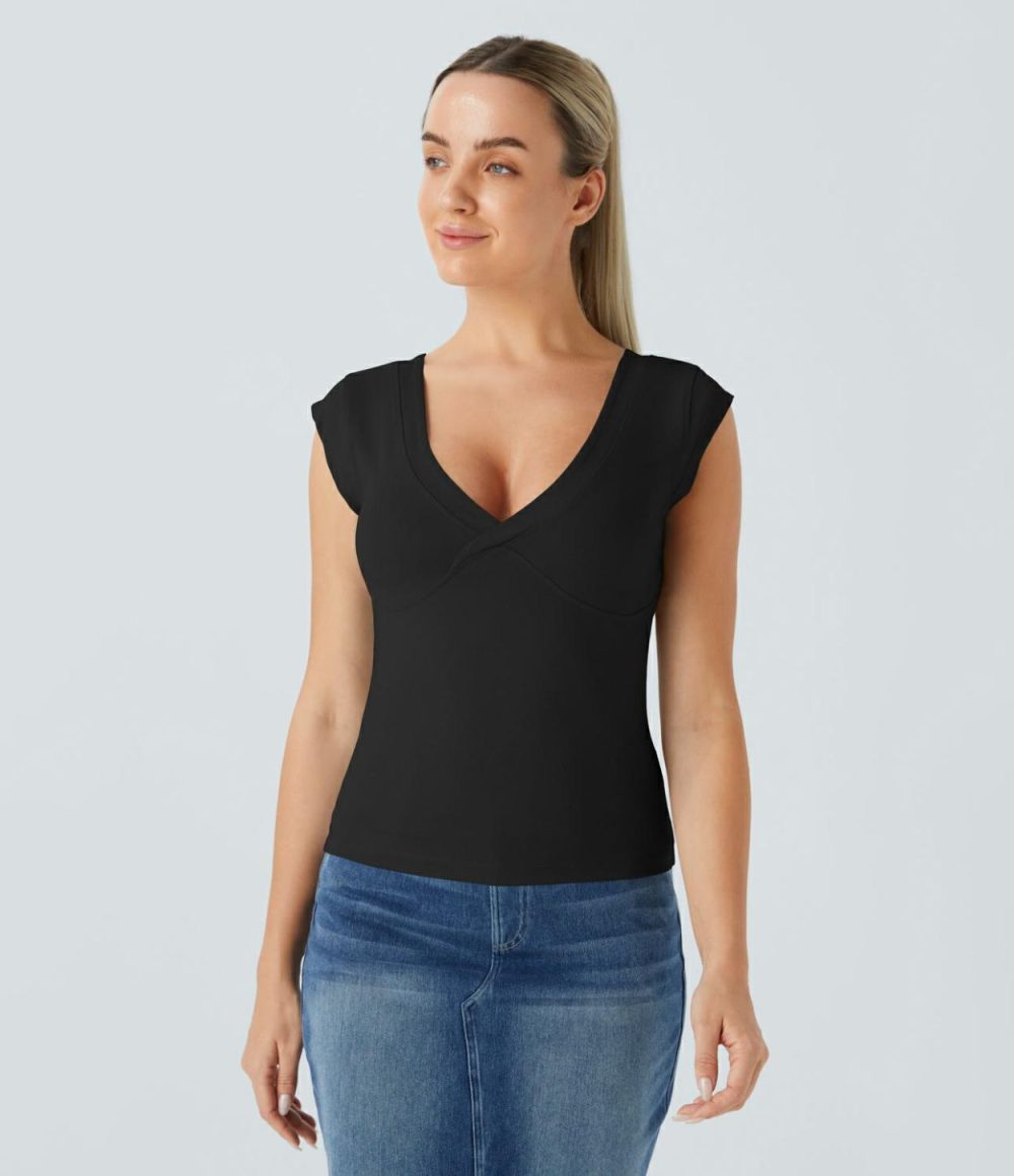 V Neck Cap Sleeve Slim Casual Sports Top  | Womens  Sports Tops Clothing Angel Falls/Black