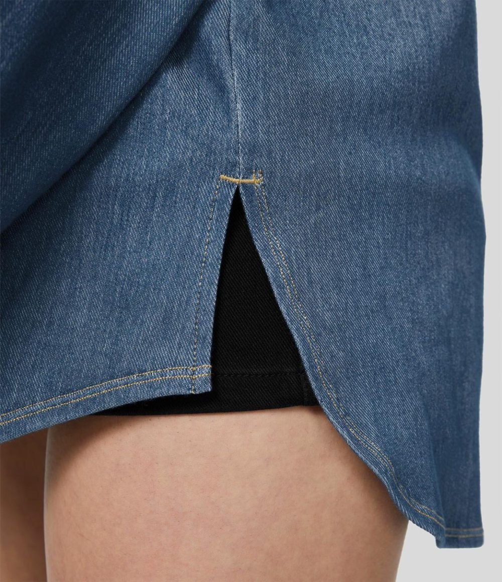 Collared Multiple Pockets Button Front Split Curved Hem Stretchy Knit Denim Work Oversize Jacket  | Womens  Denim Shorts Clothing Denim Shorts