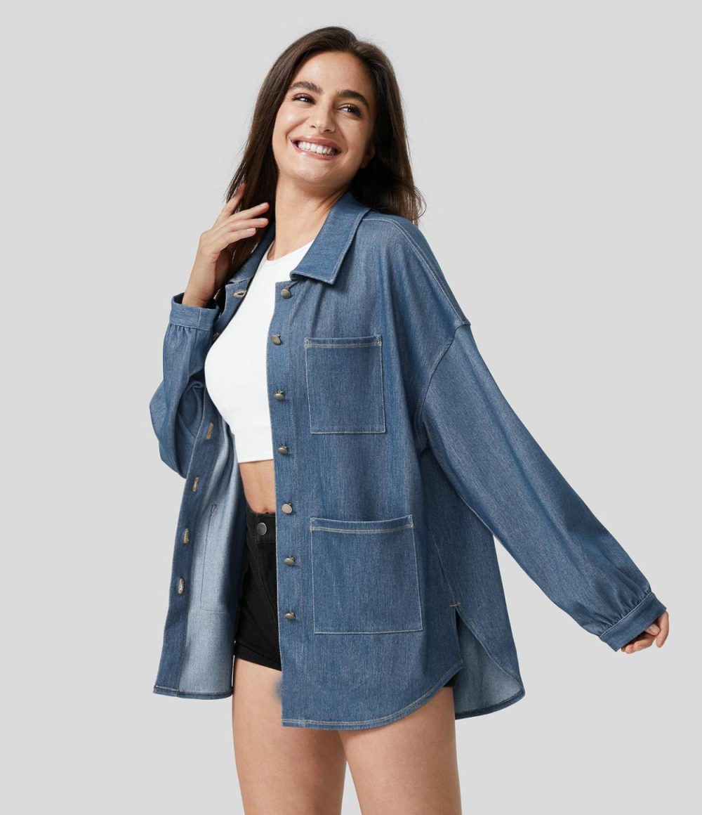 Collared Multiple Pockets Button Front Split Curved Hem Stretchy Knit Denim Work Oversize Jacket  | Womens  Denim Shorts Clothing Denim Shorts