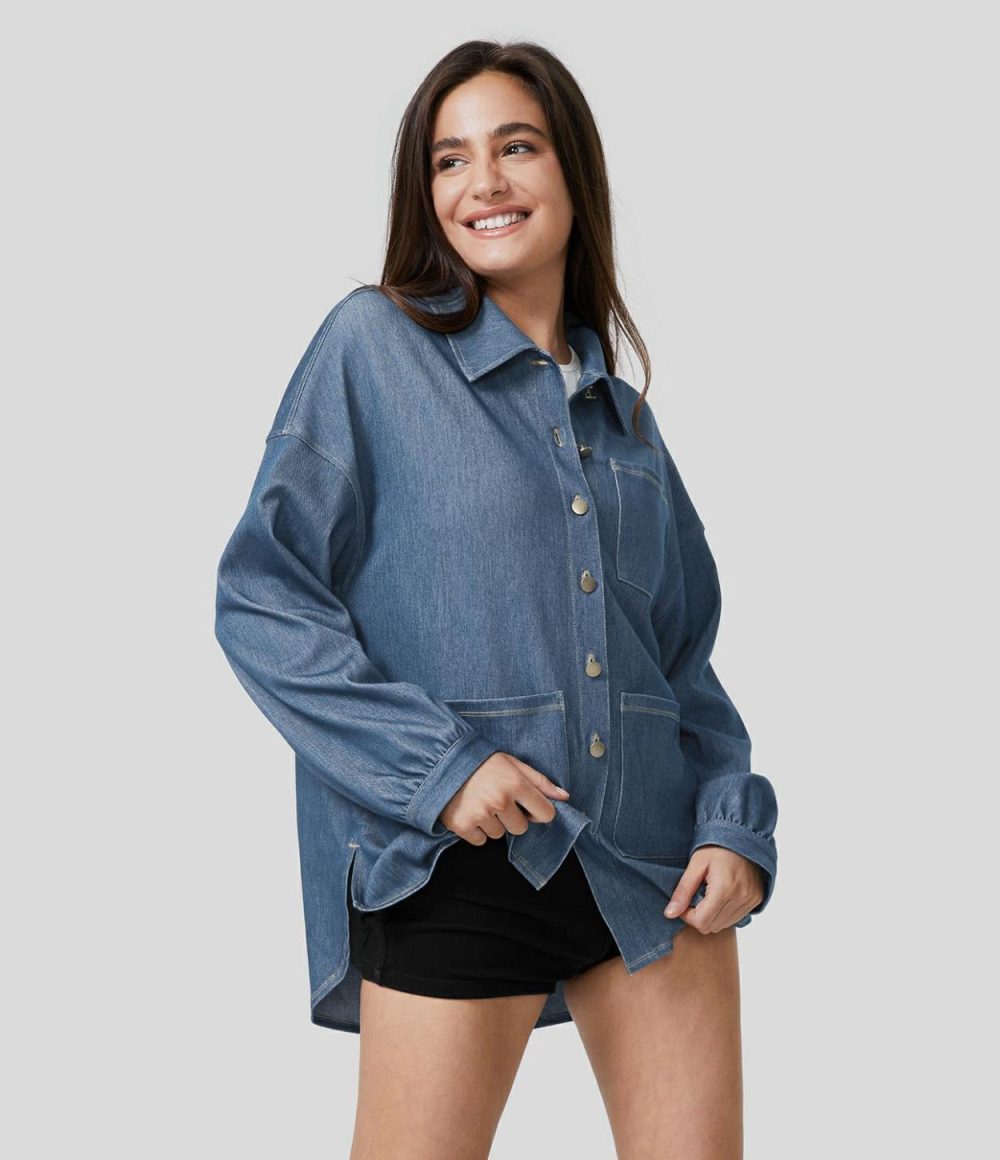 Collared Multiple Pockets Button Front Split Curved Hem Stretchy Knit Denim Work Oversize Jacket  | Womens  Denim Shorts Clothing Denim Shorts