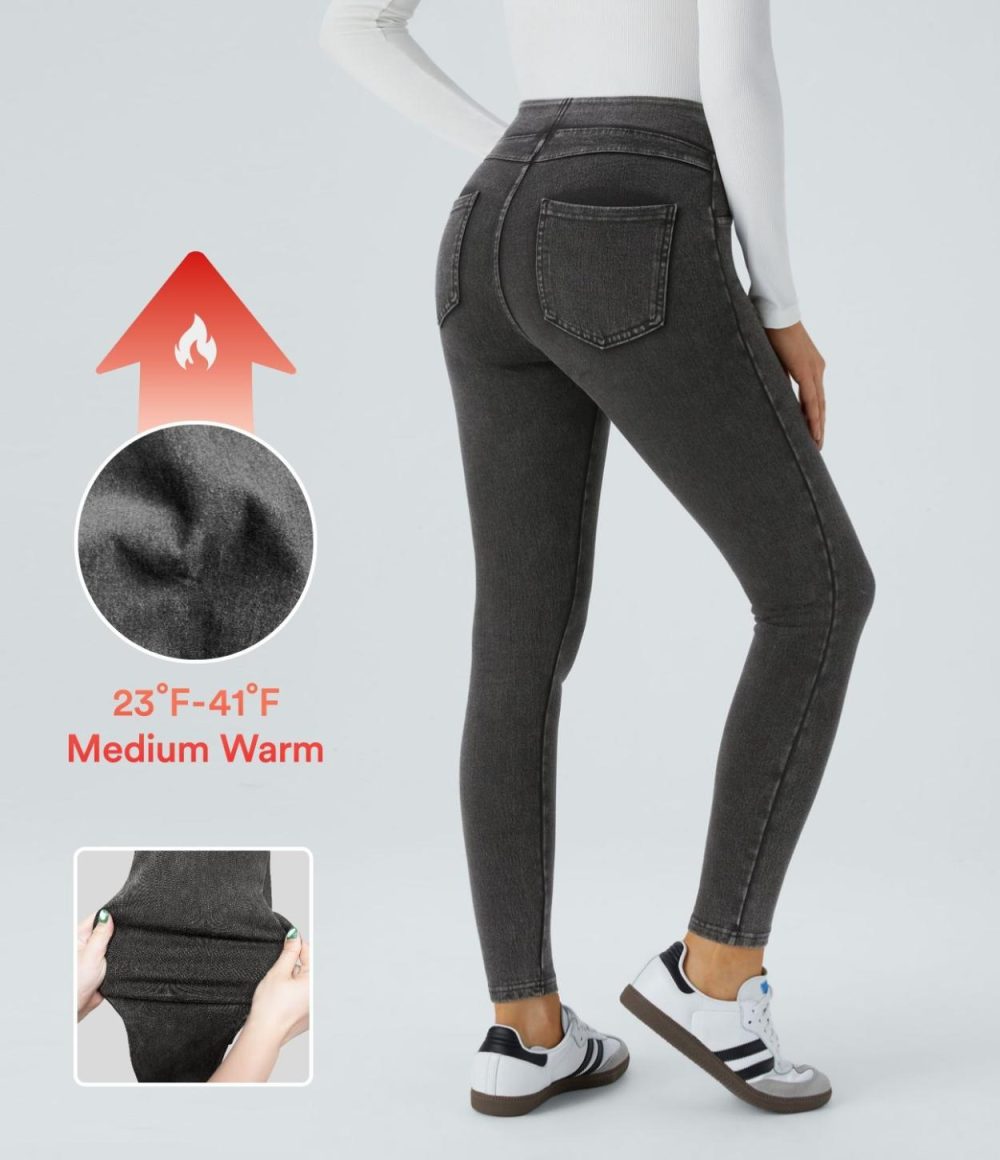 High Waisted Back Side Pocket Stretchy Knit Denim Fleece Casual Leggings  | Womens  Denim Shorts Clothing Denim Black/Black/Washed Denimindigo Blue/Light Denim Blue