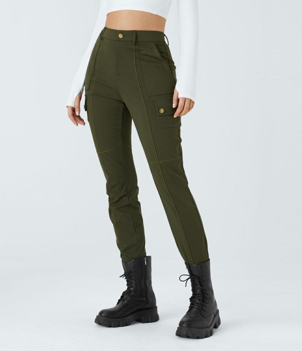 High Waisted Button Zipper Multiple Pockets Solid Skinny Cargo Pants  | Womens  Cargo Pants Cargo Pants Cargo Pants