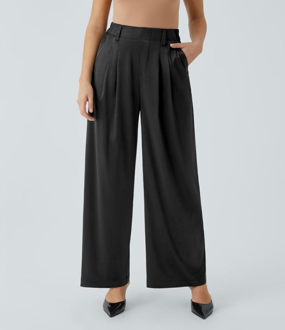 High Waisted Plicated Side Pocket Wide Leg Satin Work Pants  | Womens  Active Work Pants Active Work Pants Active Work Pants