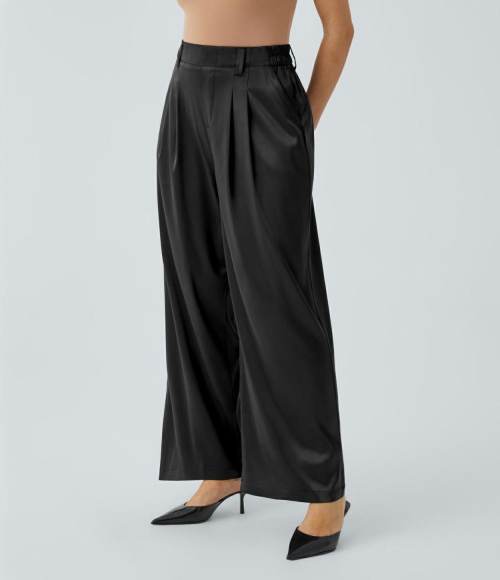 High Waisted Plicated Side Pocket Wide Leg Satin Work Pants  | Womens  Active Work Pants Active Work Pants Active Work Pants