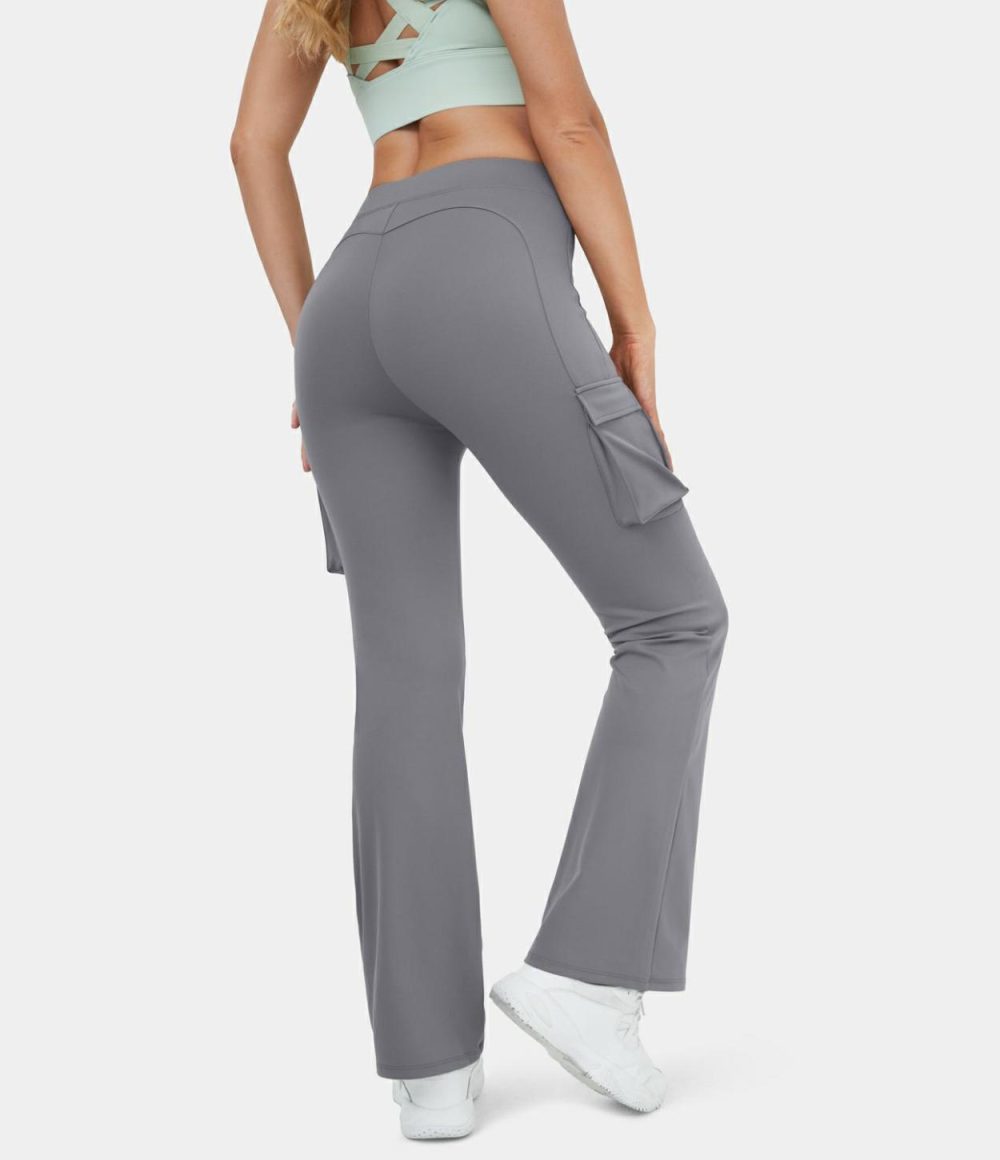 High Waisted Side Flap Pocket Cargo Flare Casual Leggings  | Womens  Flare Pants Clothing Flare Leggings