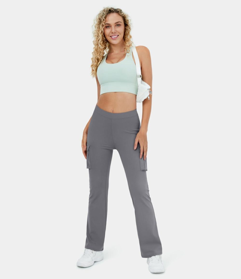 High Waisted Side Flap Pocket Cargo Flare Casual Leggings  | Womens  Flare Pants Clothing Flare Leggings