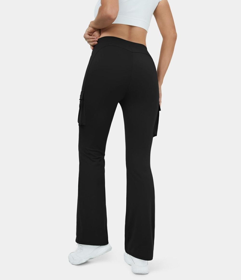 High Waisted Side Flap Pocket Cargo Flare Casual Leggings  | Womens  Flare Pants Clothing Flare Leggings