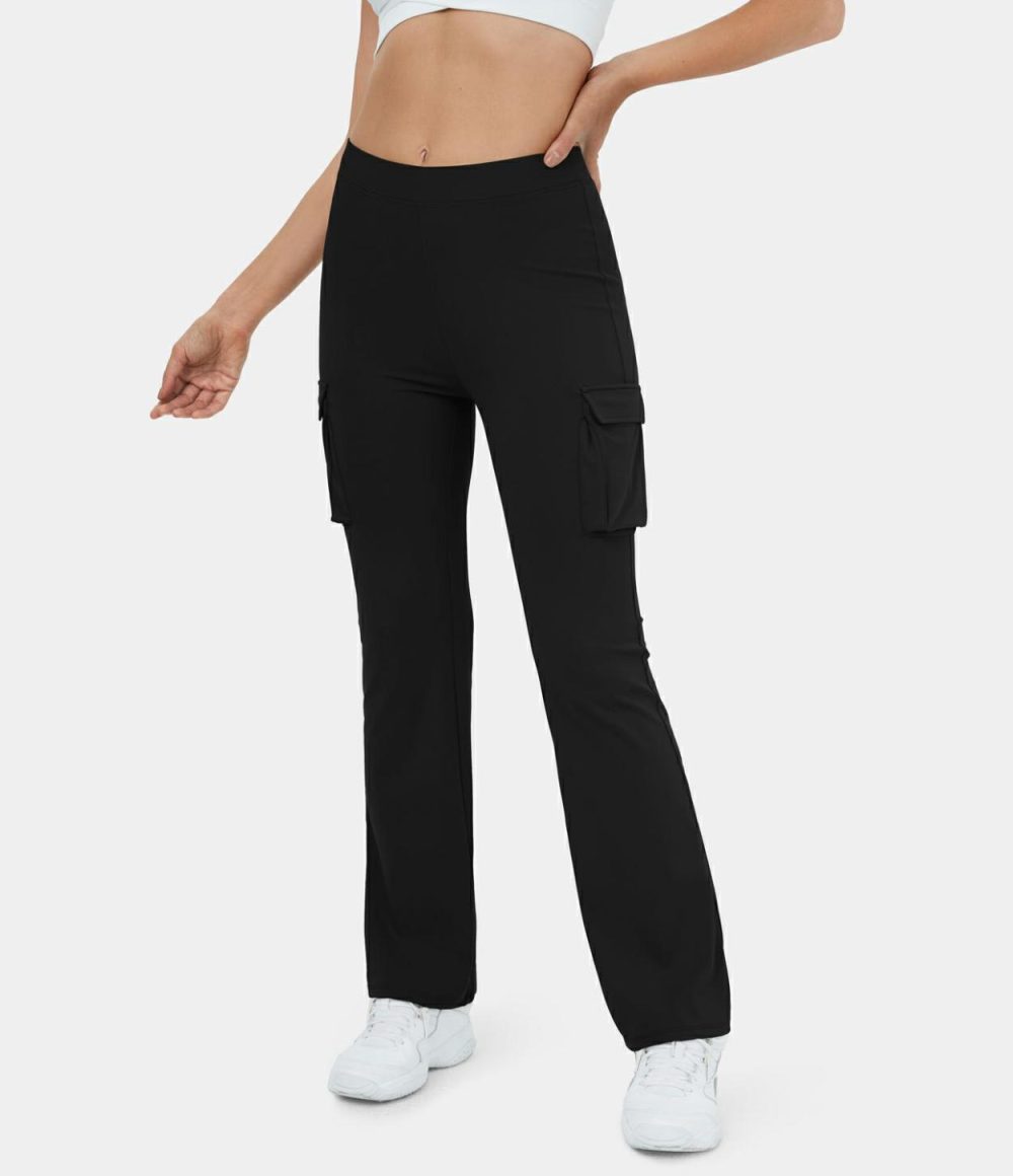 High Waisted Side Flap Pocket Cargo Flare Casual Leggings  | Womens  Flare Pants Clothing Flare Leggings