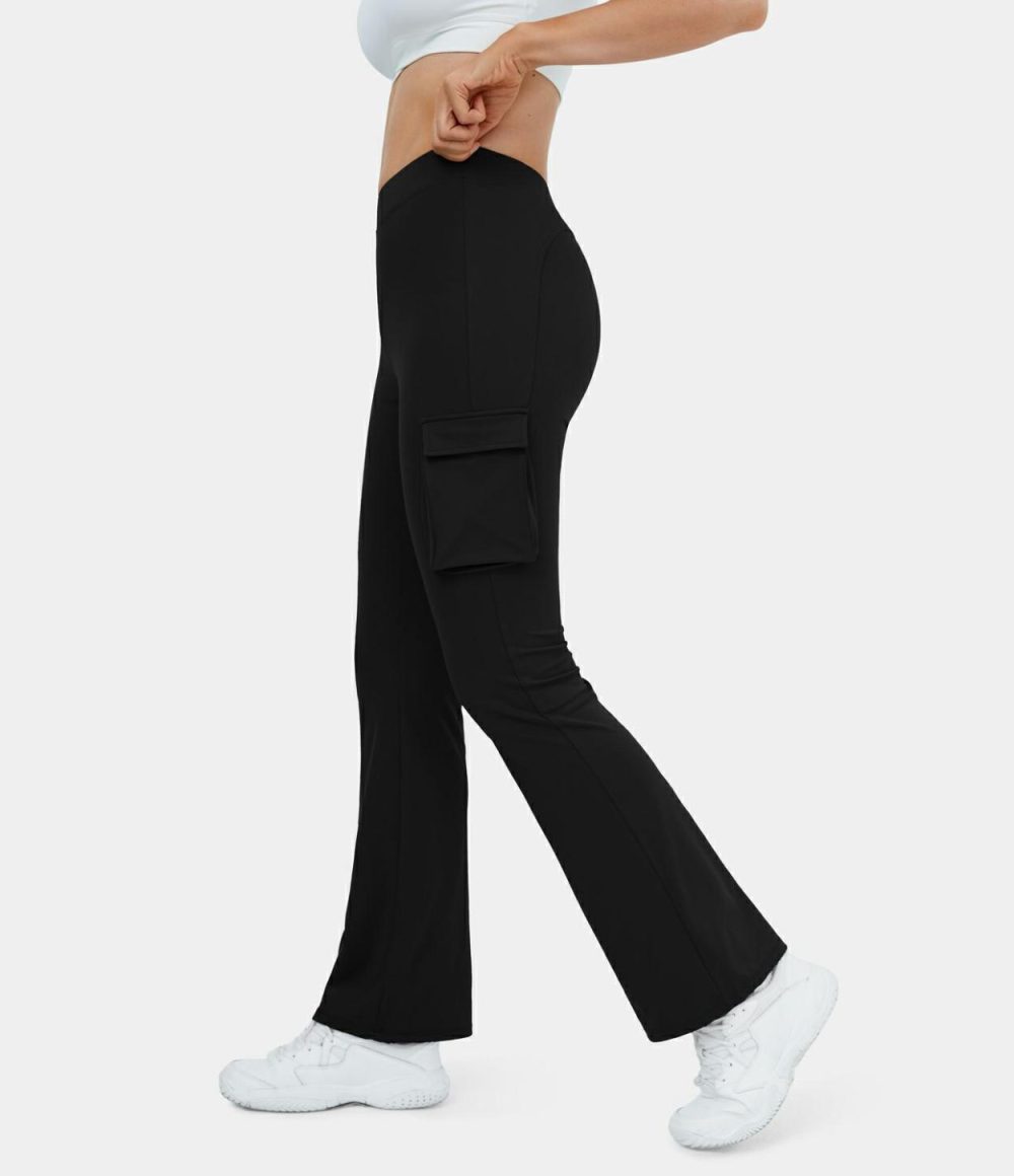 High Waisted Side Flap Pocket Cargo Flare Casual Leggings  | Womens  Flare Pants Clothing Flare Leggings