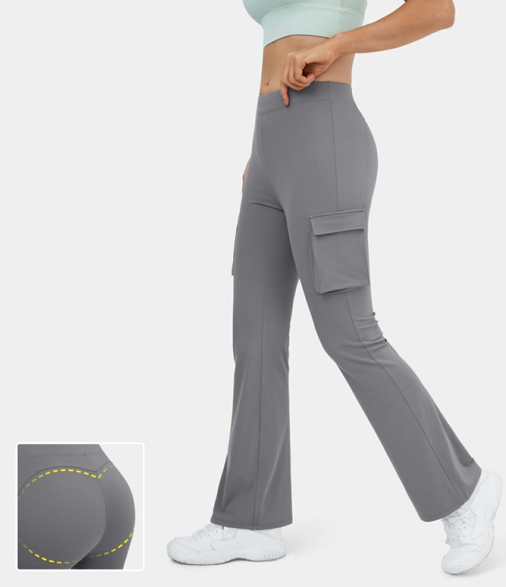 High Waisted Side Flap Pocket Cargo Flare Casual Leggings  | Womens  Flare Pants Clothing Flare Leggings