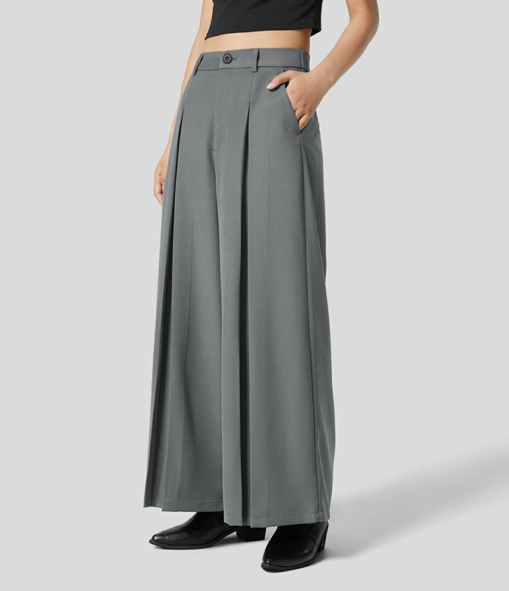 High Waisted Side Pocket Pleated Wide Leg Work Culottes  | Womens  Active Work Pants Active Work Pants Active Work Pants