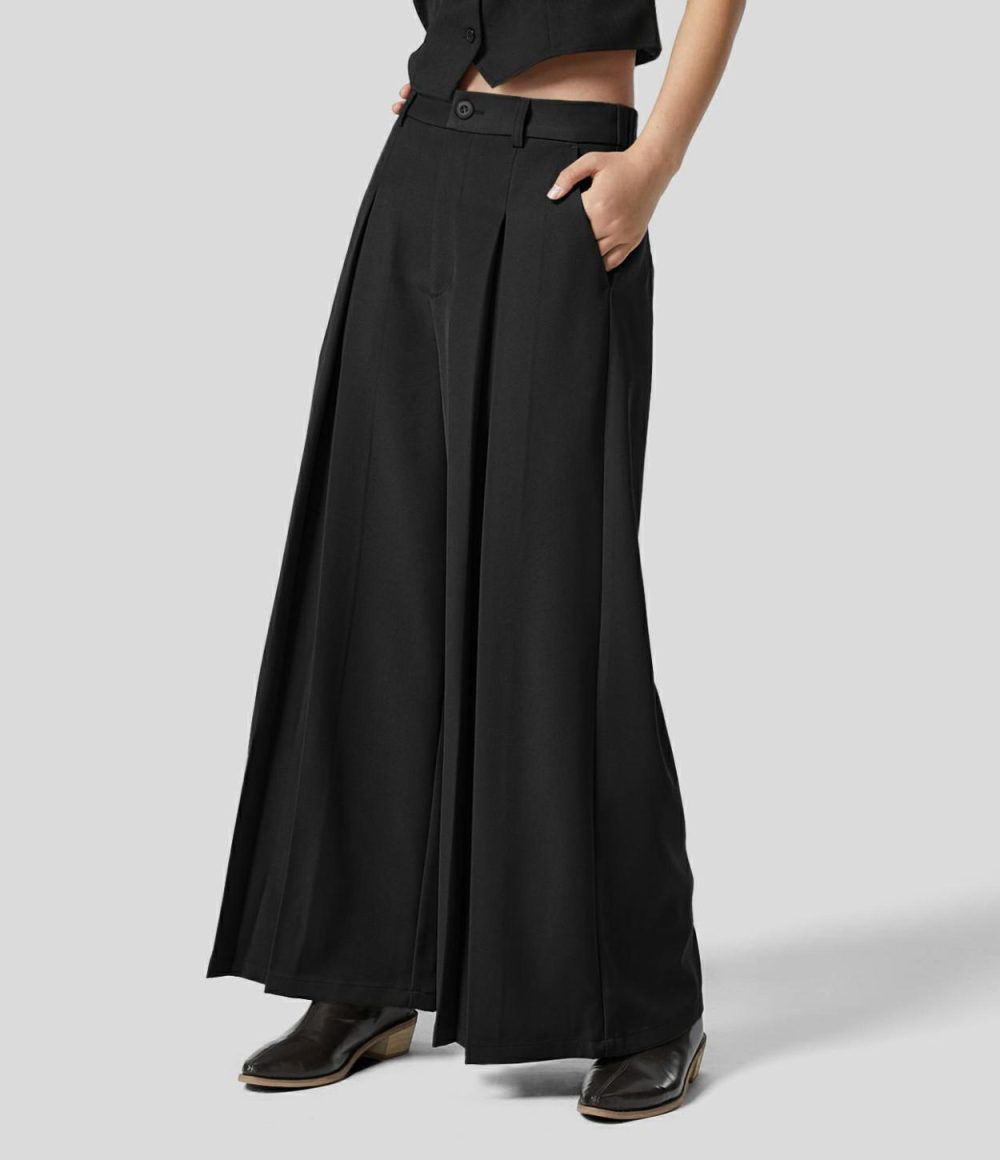 High Waisted Side Pocket Pleated Wide Leg Work Culottes  | Womens  Active Work Pants Active Work Pants Active Work Pants