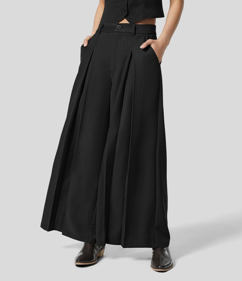 High Waisted Side Pocket Pleated Wide Leg Work Culottes  | Womens  Active Work Pants Active Work Pants Active Work Pants