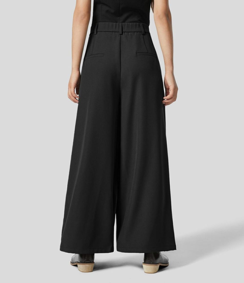 High Waisted Side Pocket Pleated Wide Leg Work Culottes  | Womens  Active Work Pants Active Work Pants Active Work Pants