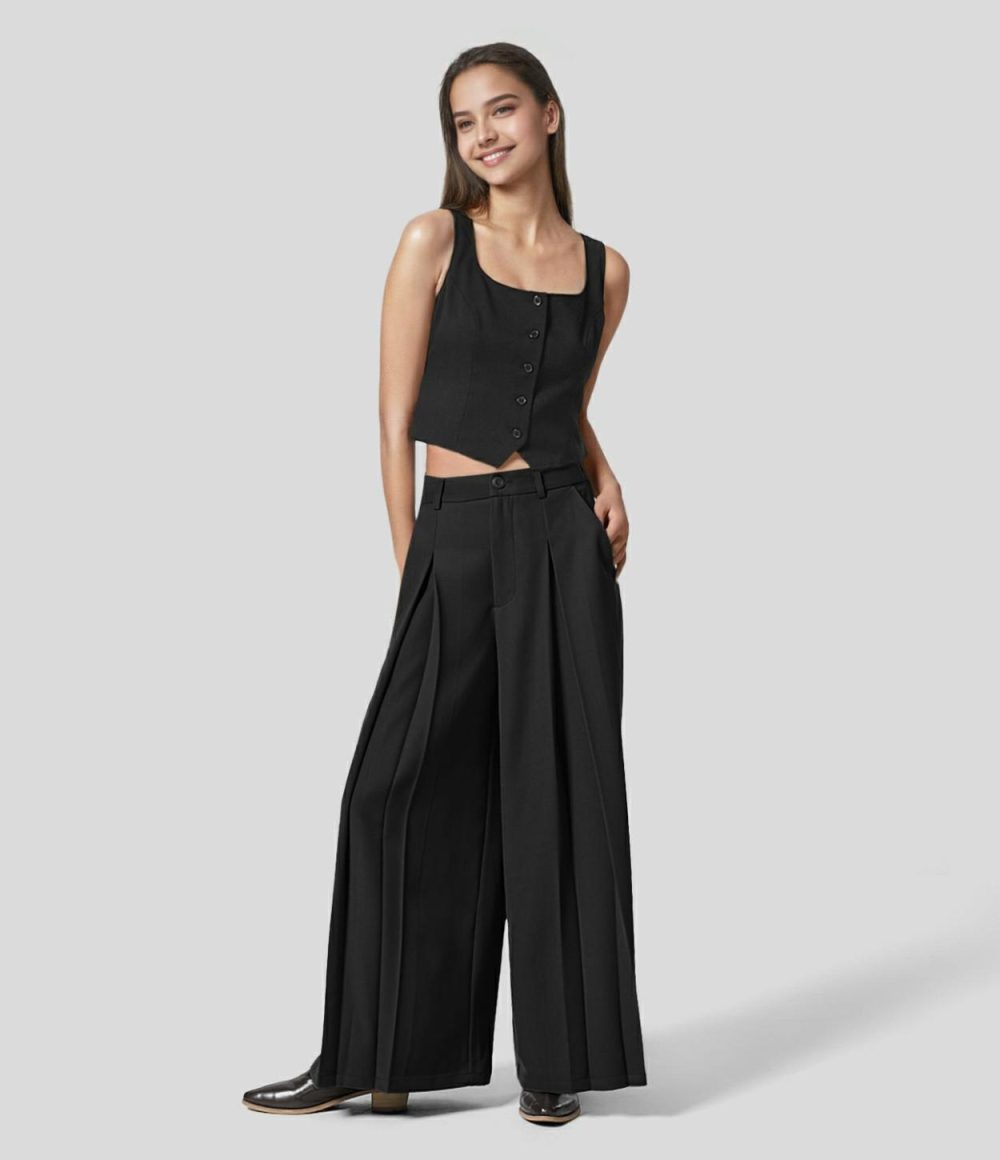 High Waisted Side Pocket Pleated Wide Leg Work Culottes  | Womens  Active Work Pants Active Work Pants Active Work Pants