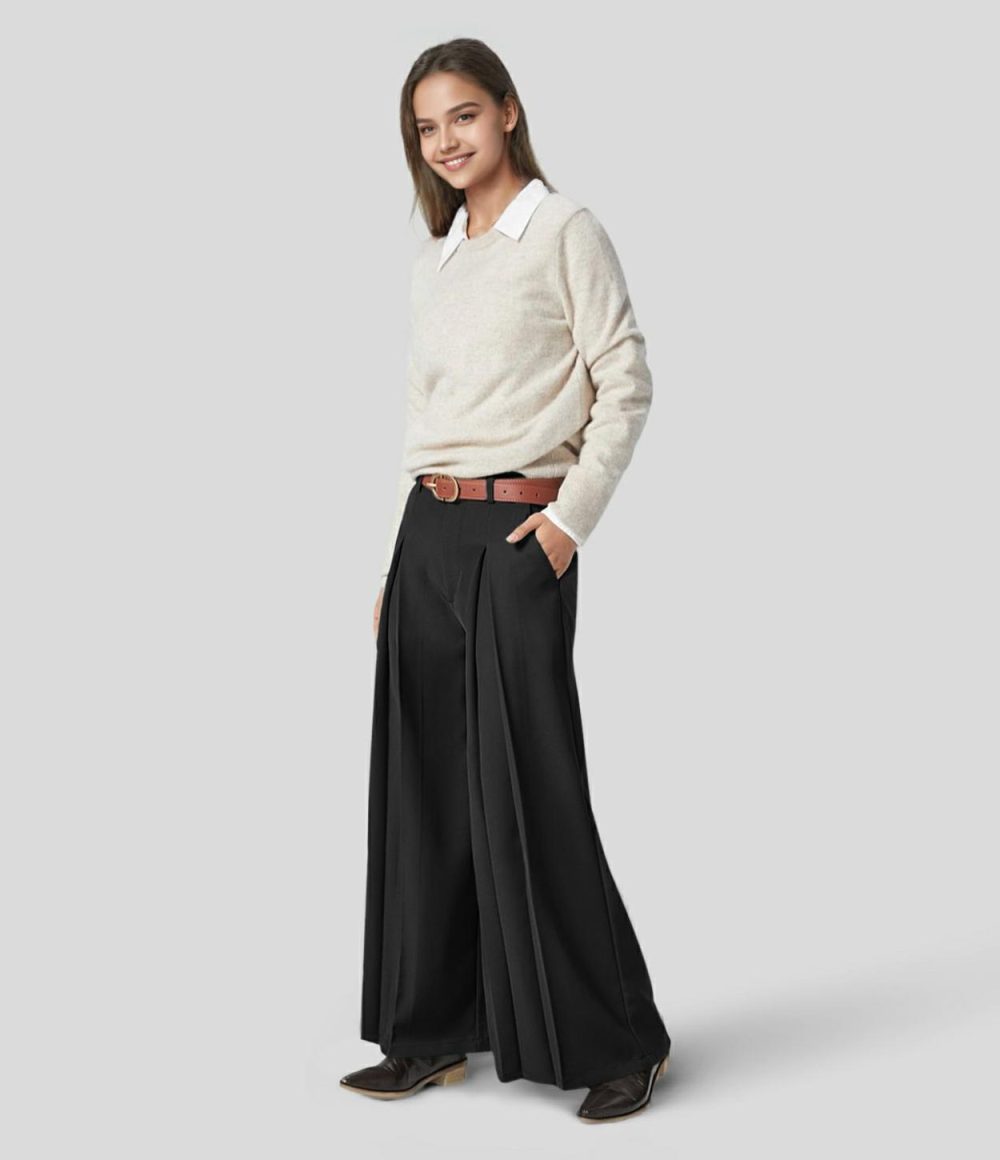 High Waisted Side Pocket Pleated Wide Leg Work Culottes  | Womens  Active Work Pants Active Work Pants Active Work Pants