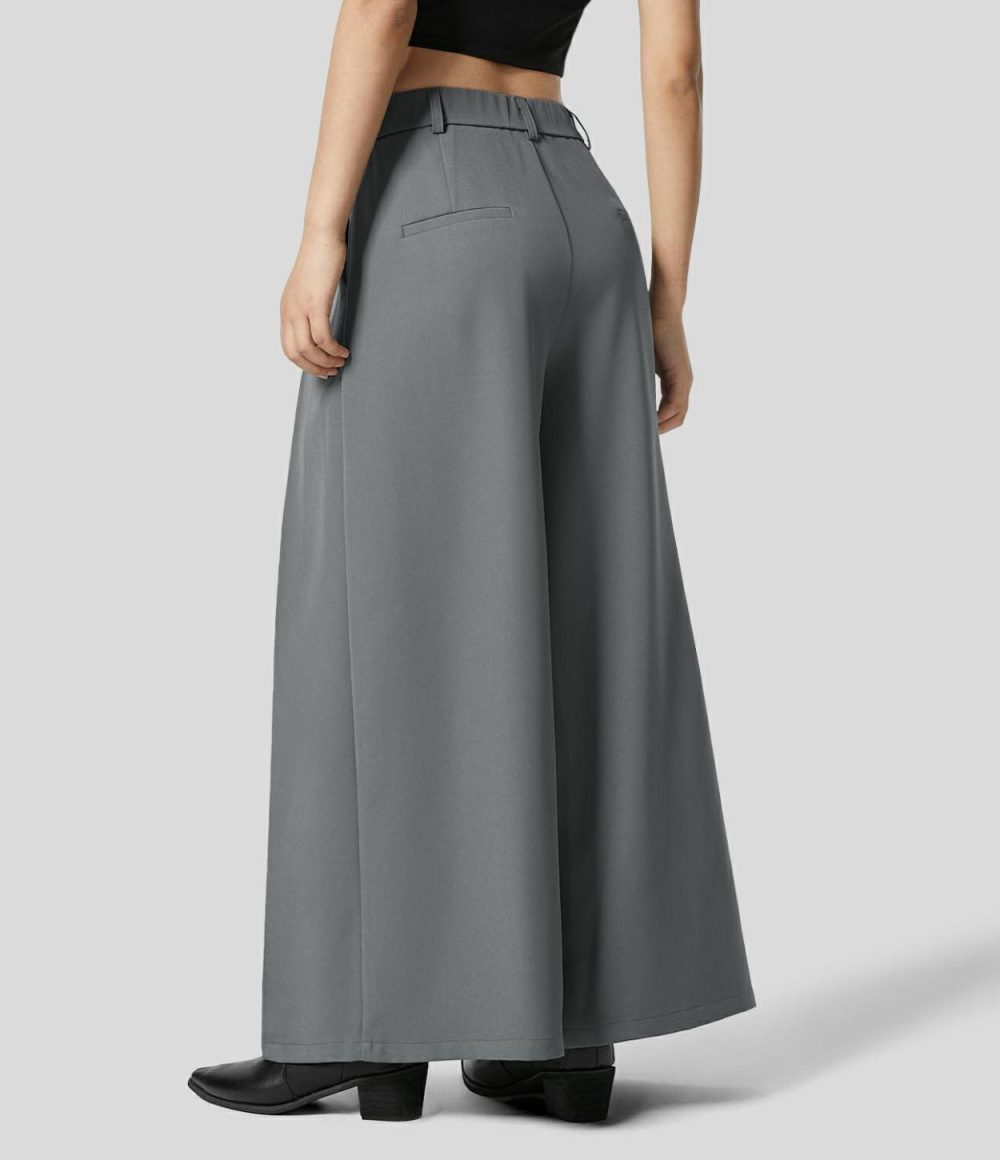 High Waisted Side Pocket Pleated Wide Leg Work Culottes  | Womens  Active Work Pants Active Work Pants Active Work Pants