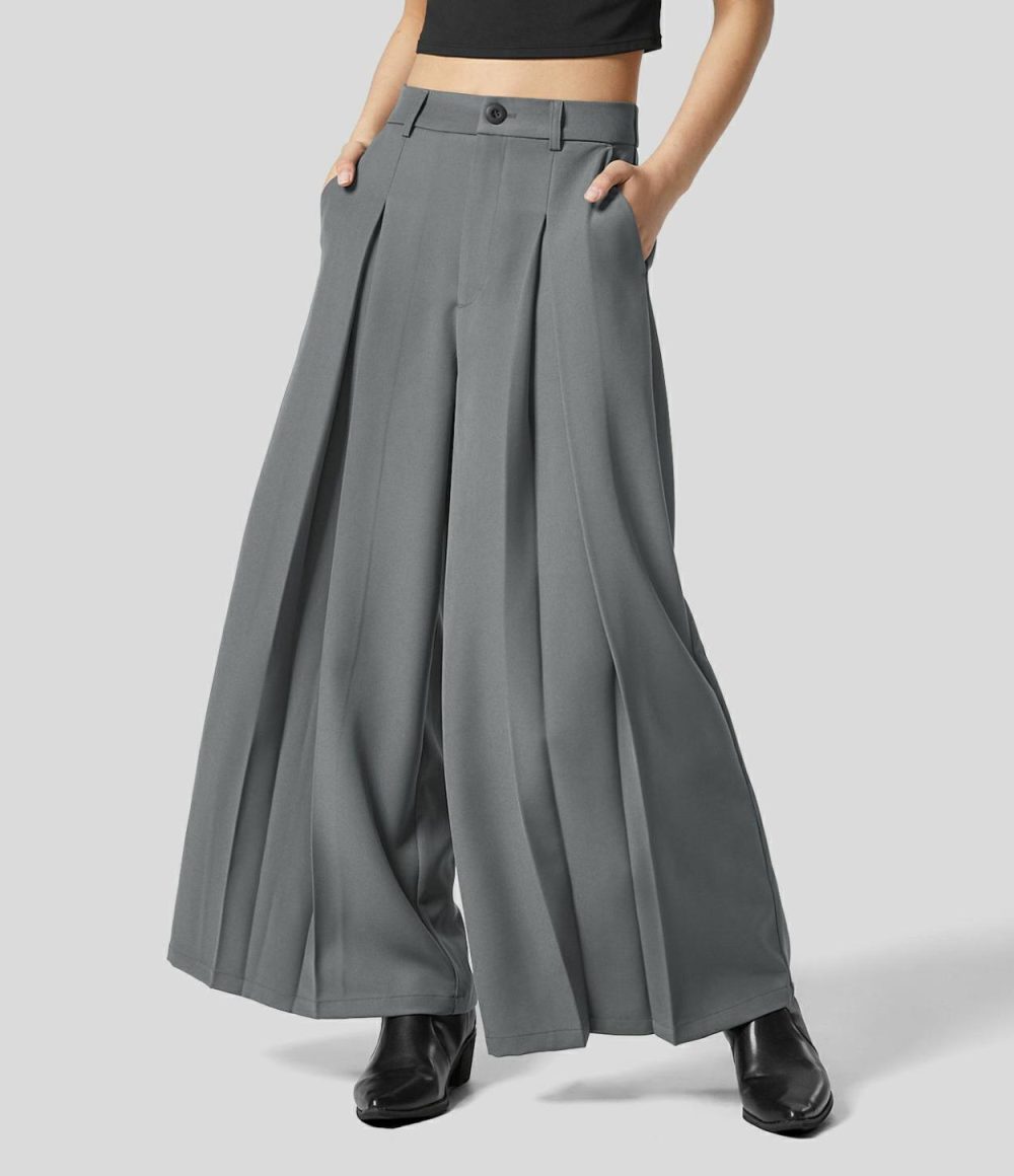 High Waisted Side Pocket Pleated Wide Leg Work Culottes  | Womens  Active Work Pants Active Work Pants Active Work Pants