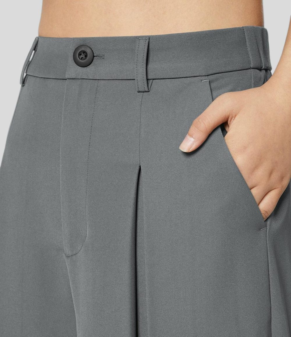 High Waisted Side Pocket Pleated Wide Leg Work Culottes  | Womens  Active Work Pants Active Work Pants Active Work Pants